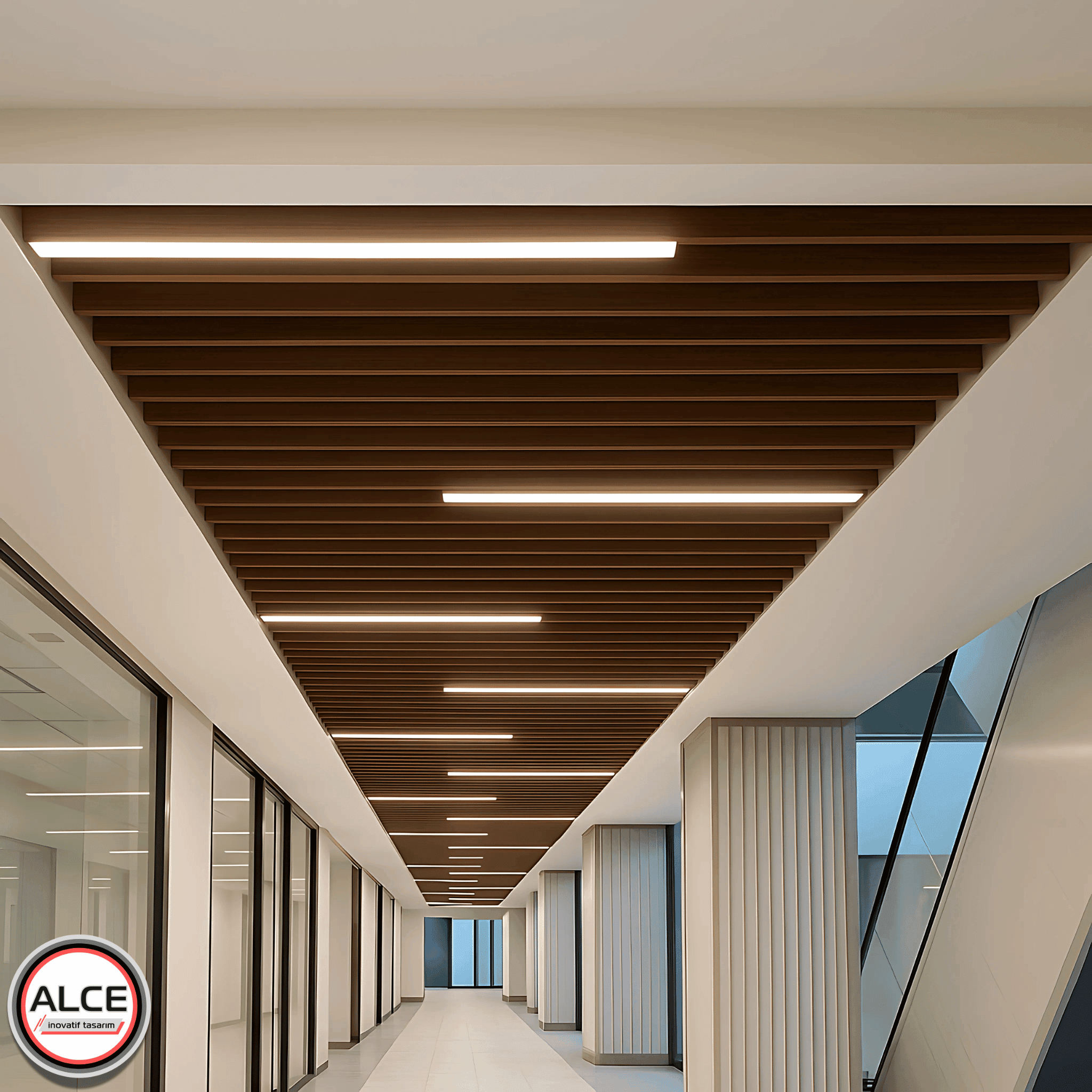 Metal-Baffle-Asma-Tavan-Ahsap-Panel-Ahsap-Gorunumlu-Koyu-Kahverengi-Lineer-LED-Aydinlatma-Ofis-Koridoru-Alce-Inovatif-Tasarim